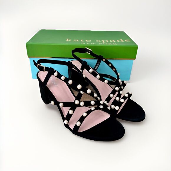 Kate Spade Wynne Black Suede Pearl Embellished Block Heel Sandals Women's Sz 7.5 - Picture 2 of 11